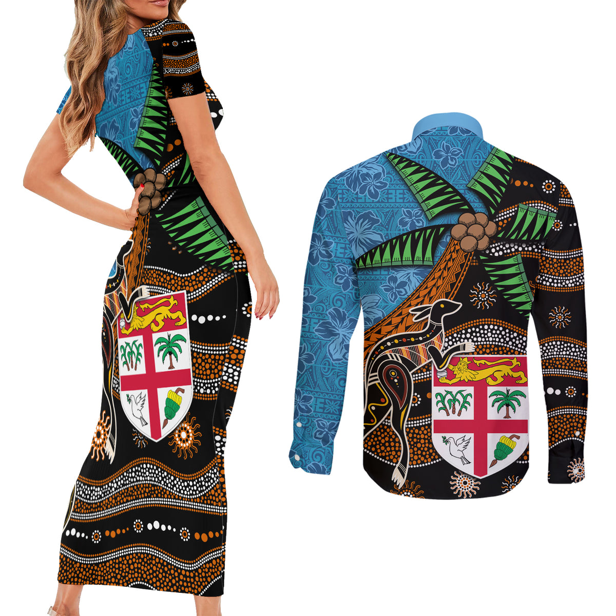 Fiji and Australia Couples Matching Short Sleeve Bodycon Dress and Long Sleeve Button Shirt Fijian and Aboriginal mix Culture