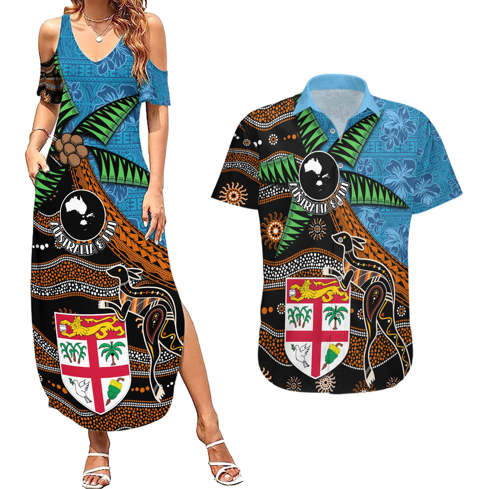 Fiji and Australia Couples Matching Summer Maxi Dress and Hawaiian Shirt Fijian and Aboriginal mix Culture