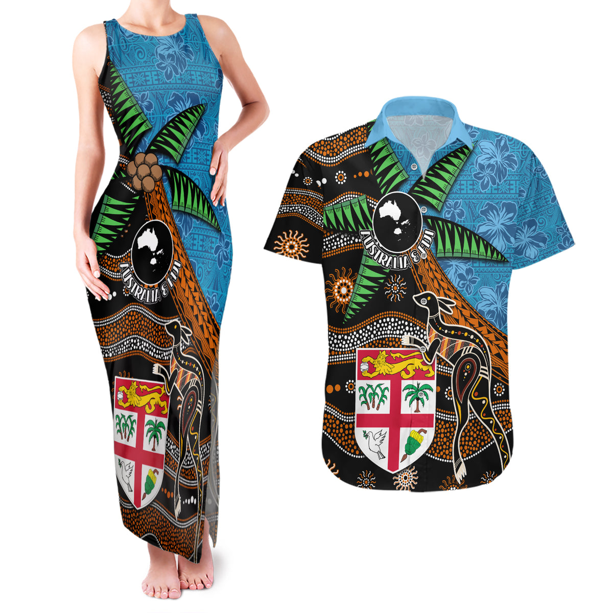Fiji and Australia Couples Matching Tank Maxi Dress and Hawaiian Shirt Fijian and Aboriginal mix Culture