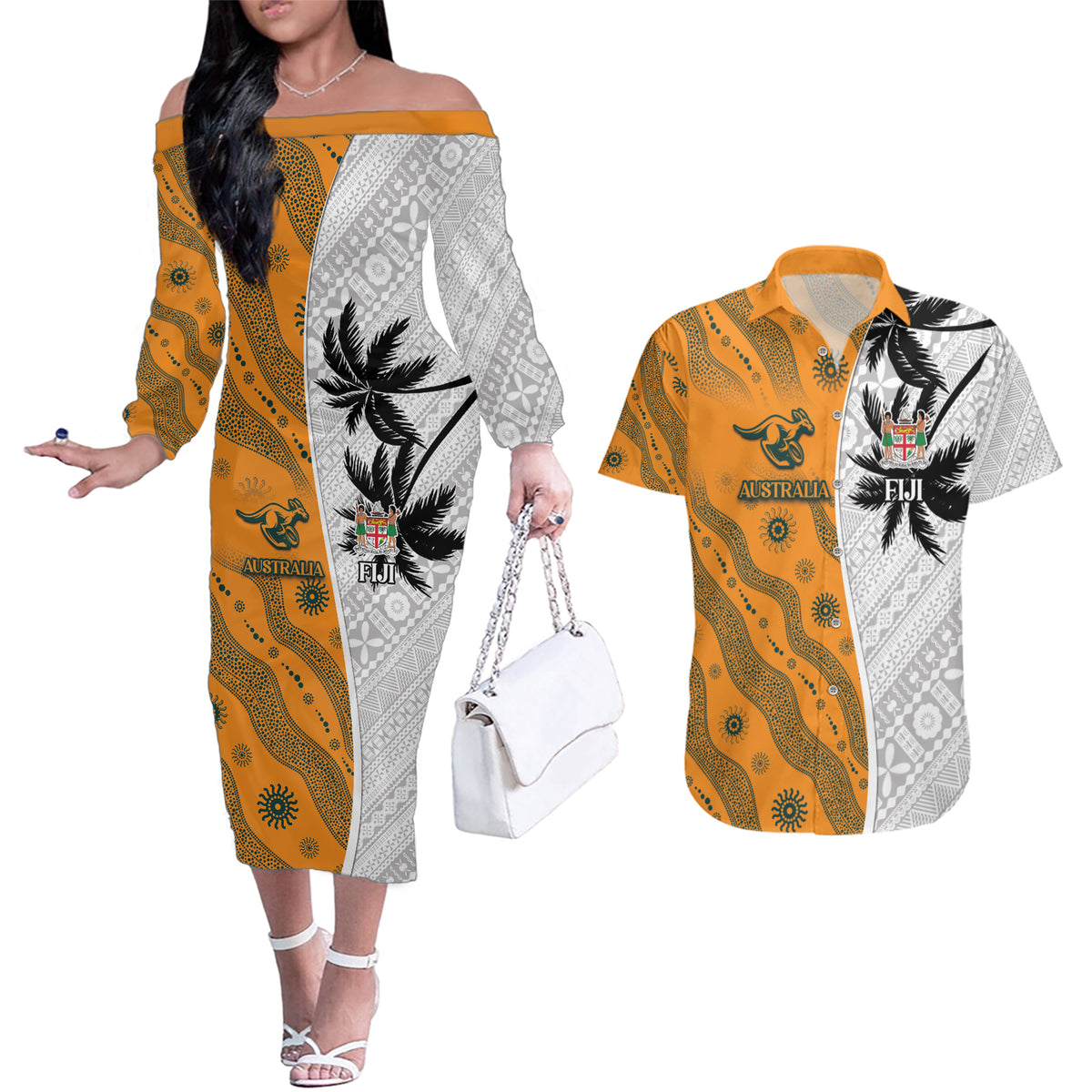 Custom Fiji and Australia Rugby Couples Matching Off The Shoulder Long Sleeve Dress and Hawaiian Shirt Tapa Mix Aboriginal Pattern Half Style