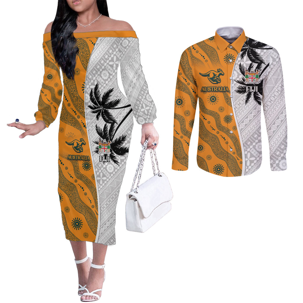 Custom Fiji and Australia Rugby Couples Matching Off The Shoulder Long Sleeve Dress and Long Sleeve Button Shirt Tapa Mix Aboriginal Pattern Half Style