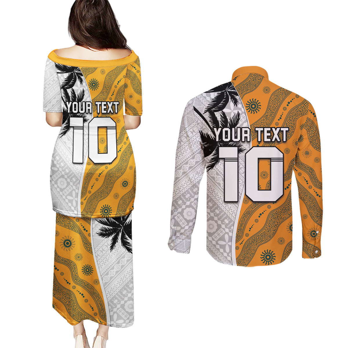 Custom Fiji and Australia Rugby Couples Matching Puletasi and Long Sleeve Button Shirt Tapa Mix Aboriginal Pattern Half Style