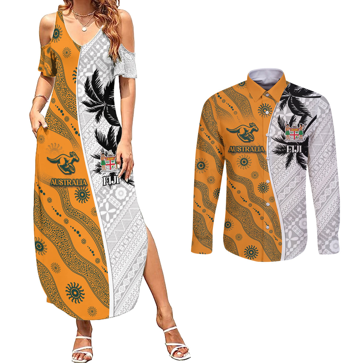 Custom Fiji and Australia Rugby Couples Matching Summer Maxi Dress and Long Sleeve Button Shirt Tapa Mix Aboriginal Pattern Half Style