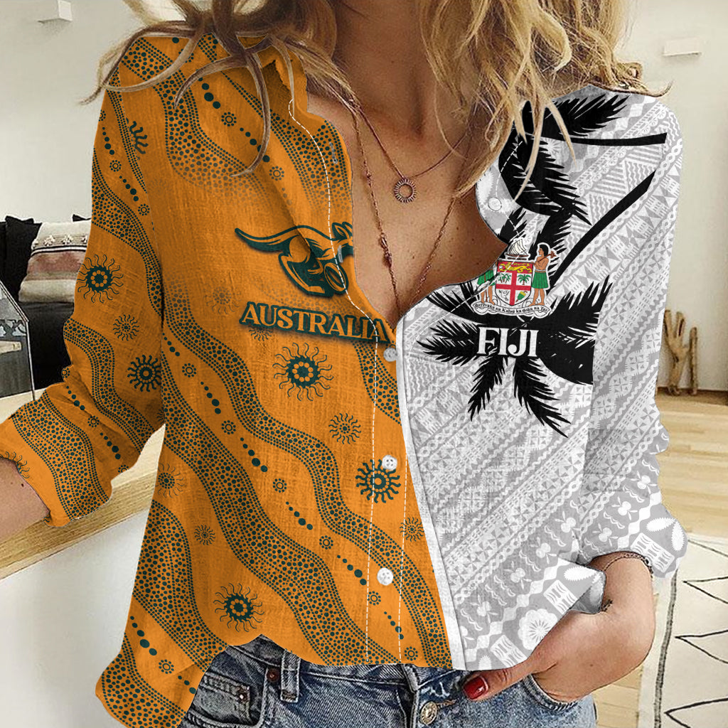 Custom Fiji and Australia Rugby Women Casual Shirt Tapa Mix Aboriginal Pattern Half Style