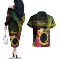 Vanuatu Independence Day Couples Matching Off The Shoulder Long Sleeve Dress and Hawaiian Shirt Sand Drawing Melanesian Vibes