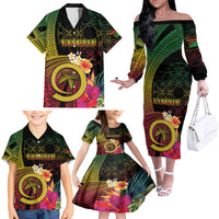 Vanuatu Independence Day Family Matching Off The Shoulder Long Sleeve Dress and Hawaiian Shirt Sand Drawing Melanesian Vibes