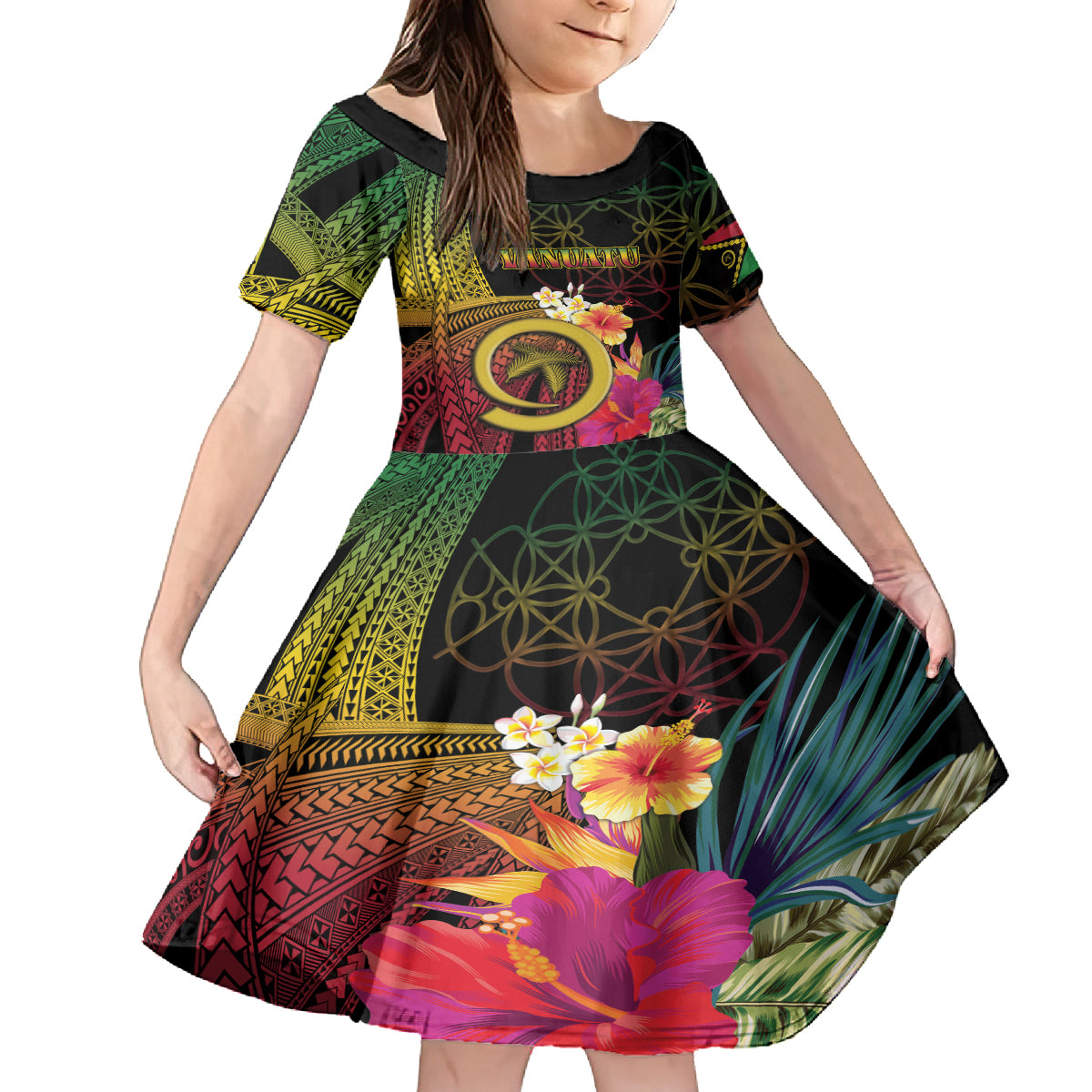 Vanuatu Independence Day Kid Short Sleeve Dress Sand Drawing Melanesian Vibes LT03 KID Black - Polynesian Pride