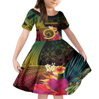 Vanuatu Independence Day Kid Short Sleeve Dress Sand Drawing Melanesian Vibes LT03 KID Black - Polynesian Pride
