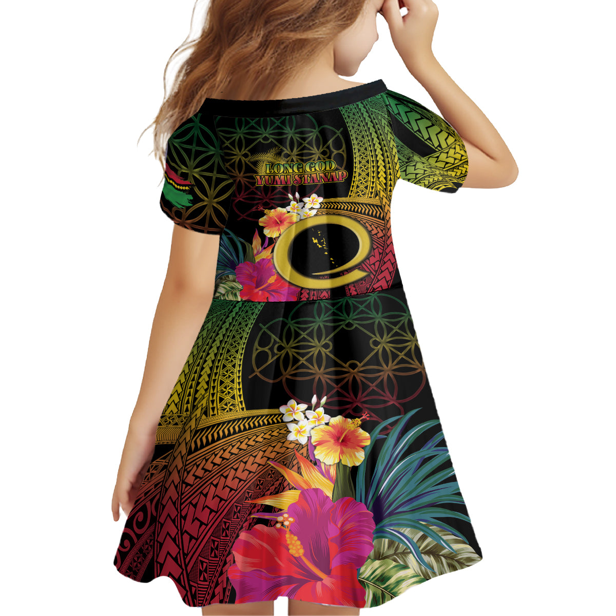 Vanuatu Independence Day Kid Short Sleeve Dress Sand Drawing Melanesian Vibes LT03 - Polynesian Pride