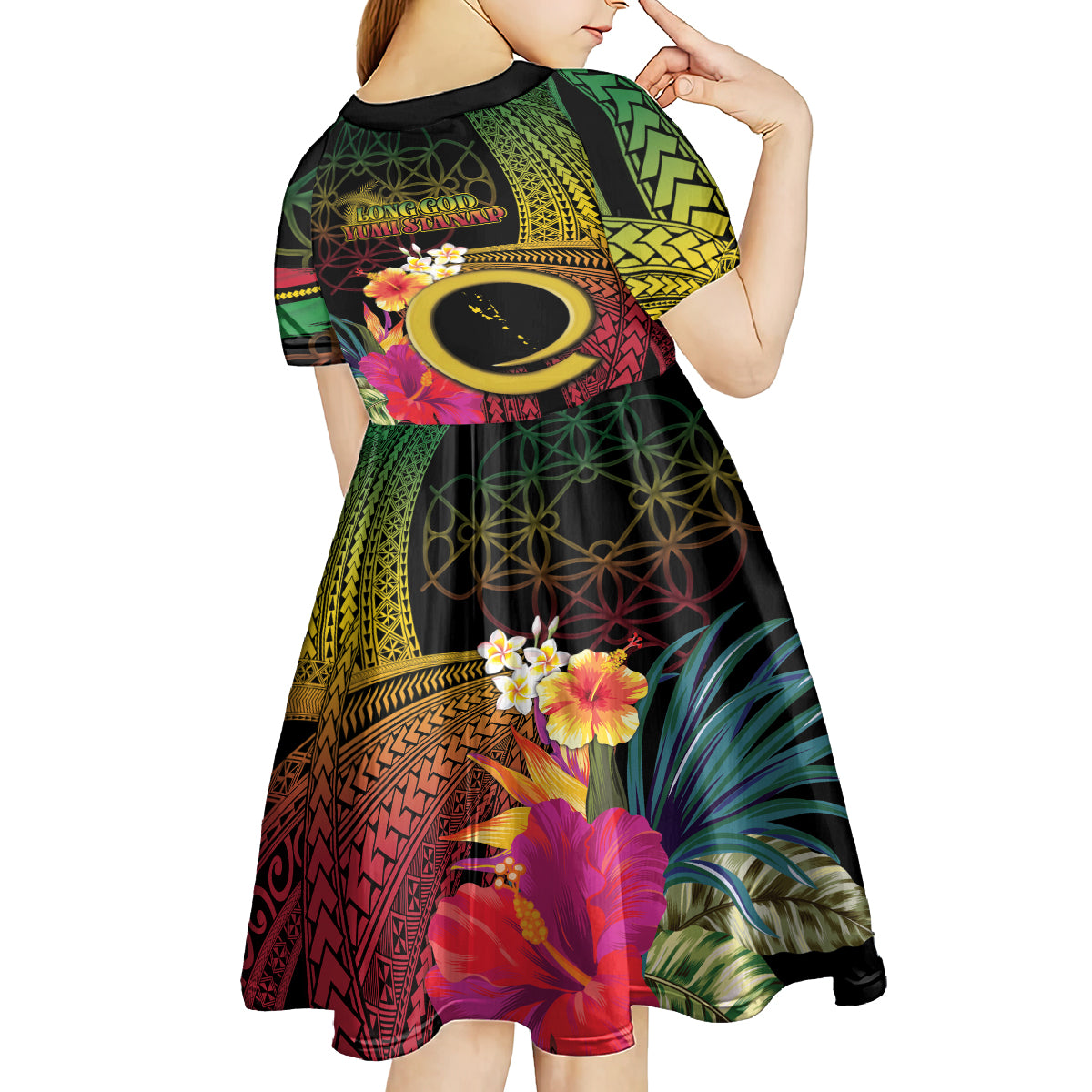 Vanuatu Independence Day Kid Short Sleeve Dress Sand Drawing Melanesian Vibes LT03 - Polynesian Pride