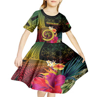 Vanuatu Independence Day Kid Short Sleeve Dress Sand Drawing Melanesian Vibes LT03 - Polynesian Pride