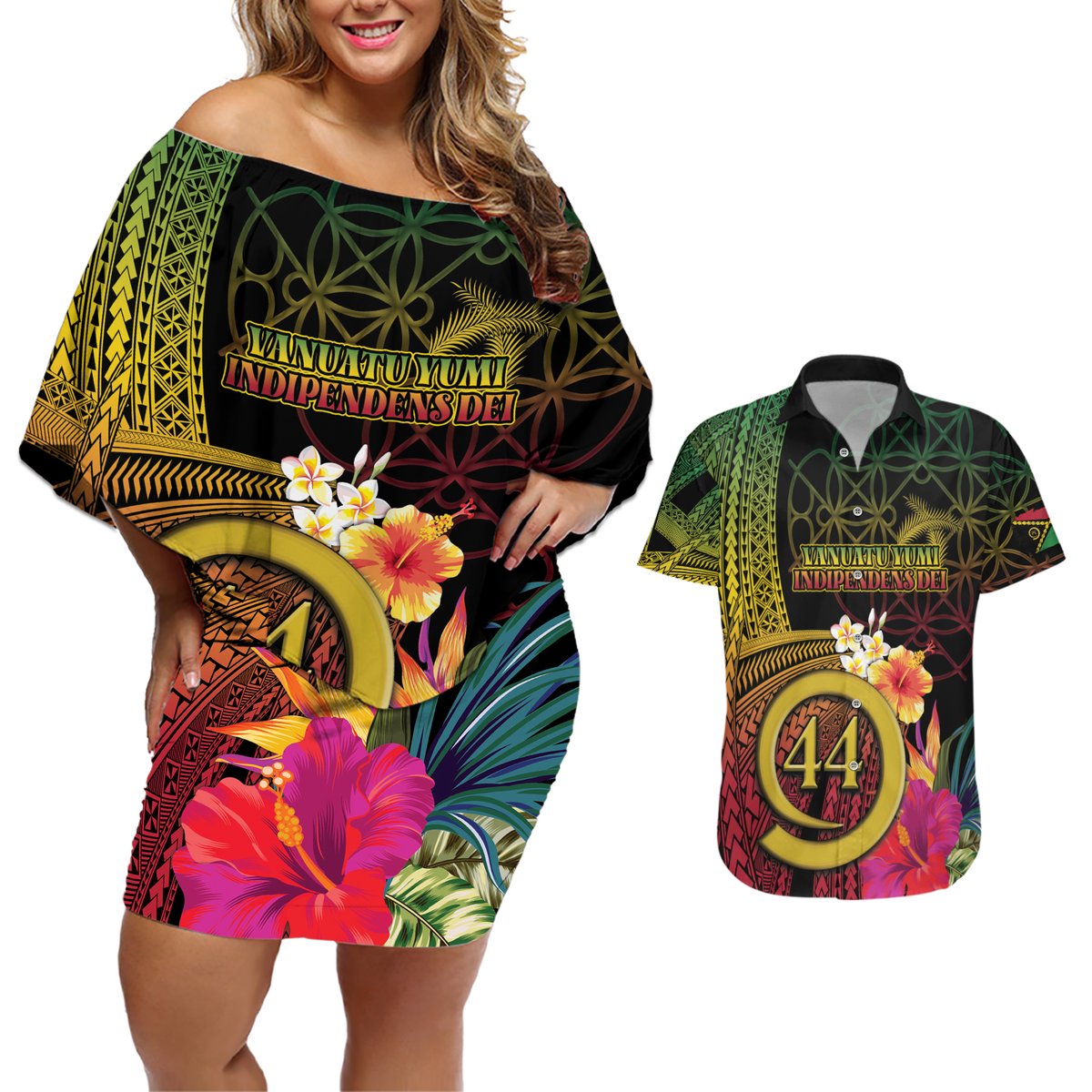Vanuatu Selebretem 44th Indipendens Dei Couples Matching Off Shoulder Short Dress and Hawaiian Shirt Sand Drawing Melanesian Vibes