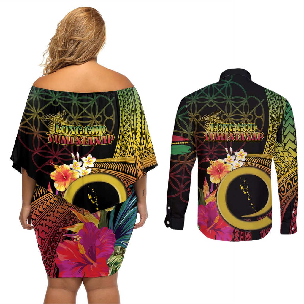 Vanuatu Selebretem 44th Indipendens Dei Couples Matching Off Shoulder Short Dress and Long Sleeve Button Shirt Sand Drawing Melanesian Vibes