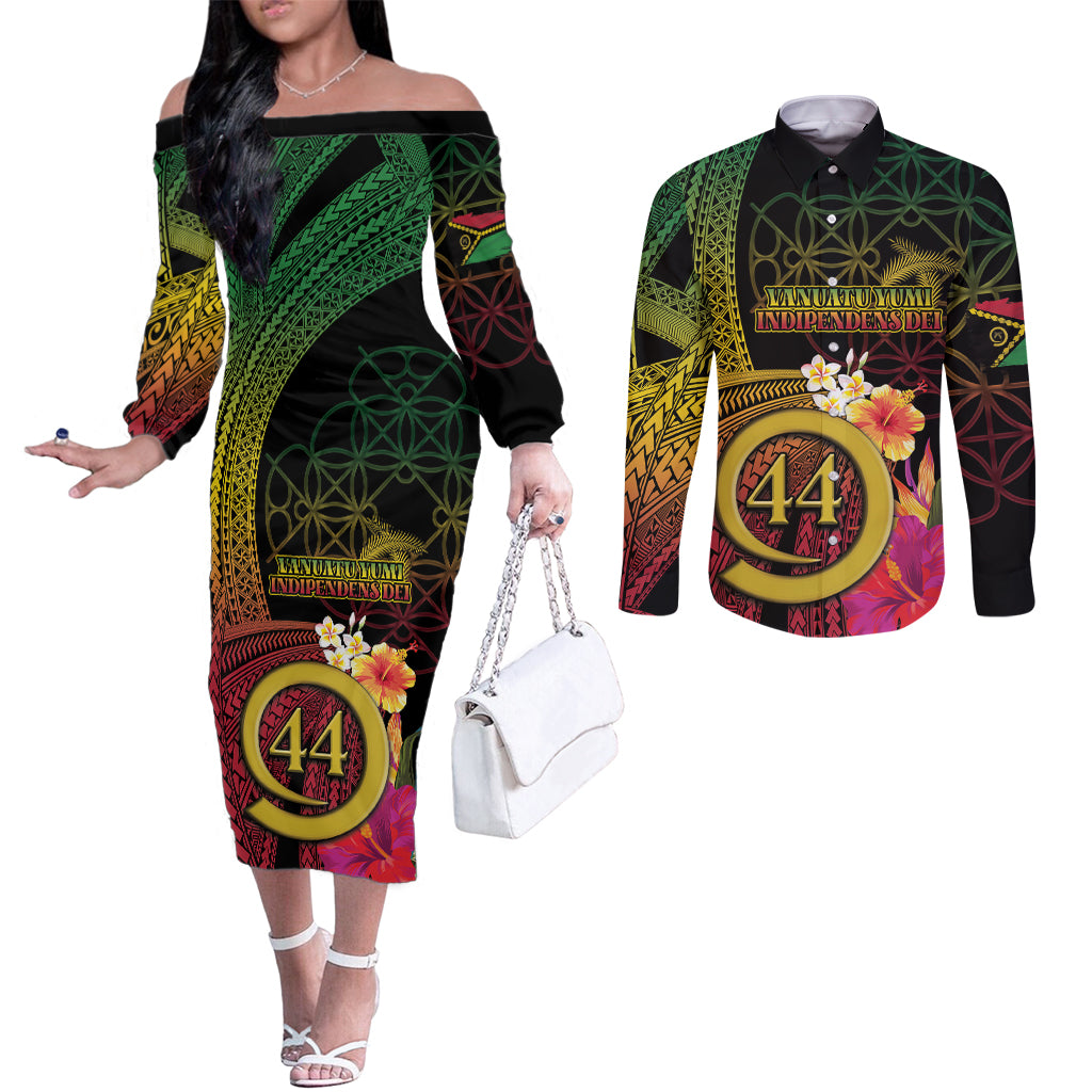 Vanuatu Selebretem 44th Indipendens Dei Couples Matching Off The Shoulder Long Sleeve Dress and Long Sleeve Button Shirt Sand Drawing Melanesian Vibes