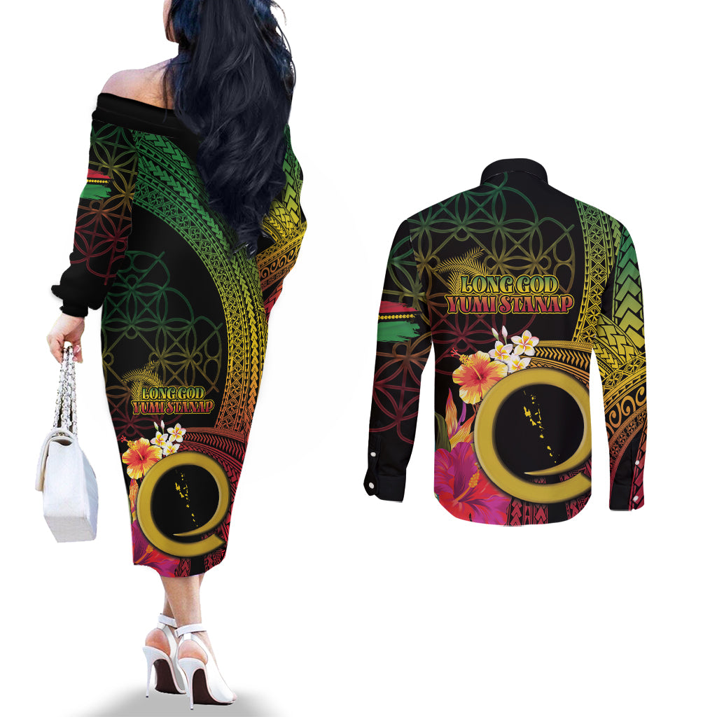 Vanuatu Selebretem 44th Indipendens Dei Couples Matching Off The Shoulder Long Sleeve Dress and Long Sleeve Button Shirt Sand Drawing Melanesian Vibes