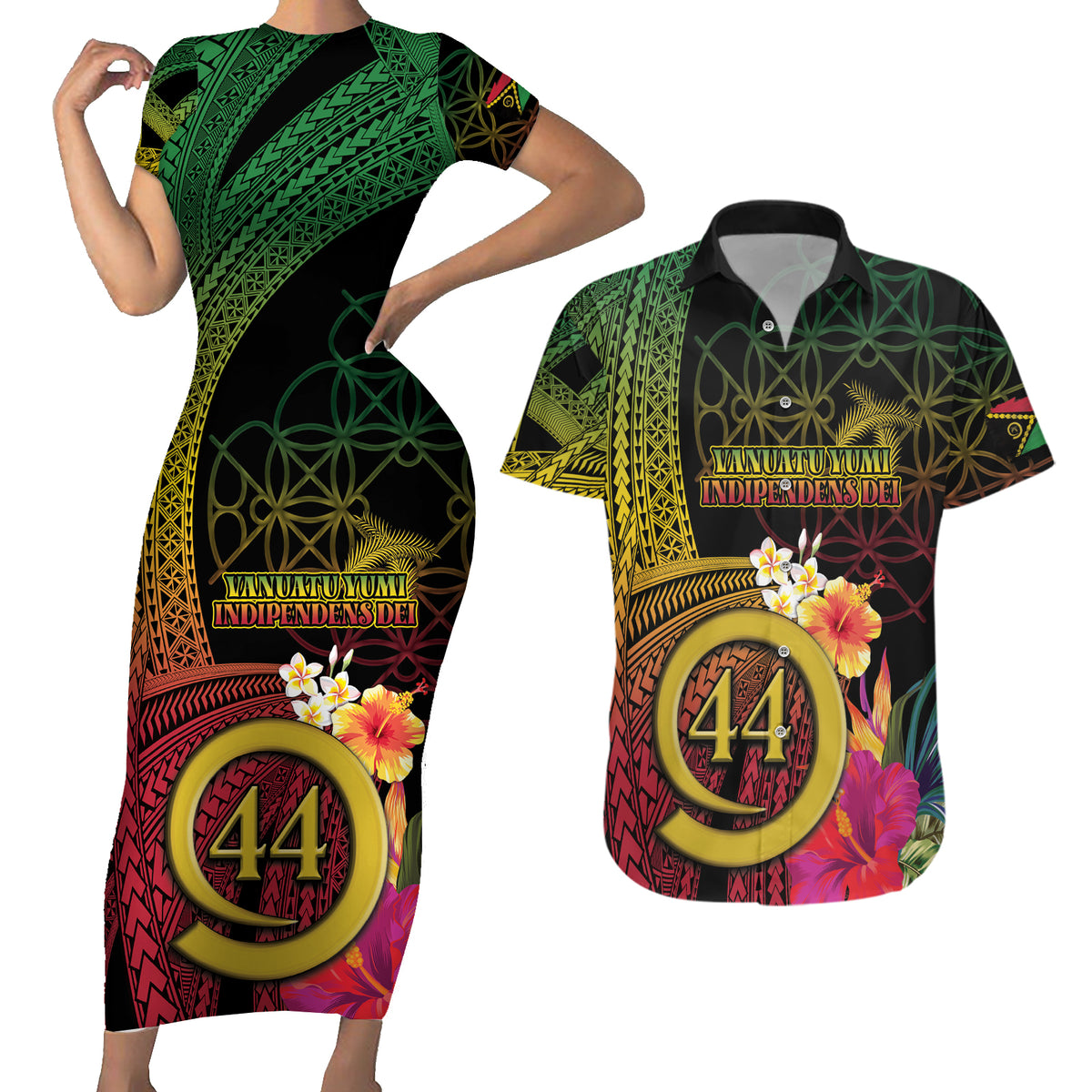 Vanuatu Selebretem 44th Indipendens Dei Couples Matching Short Sleeve Bodycon Dress and Hawaiian Shirt Sand Drawing Melanesian Vibes