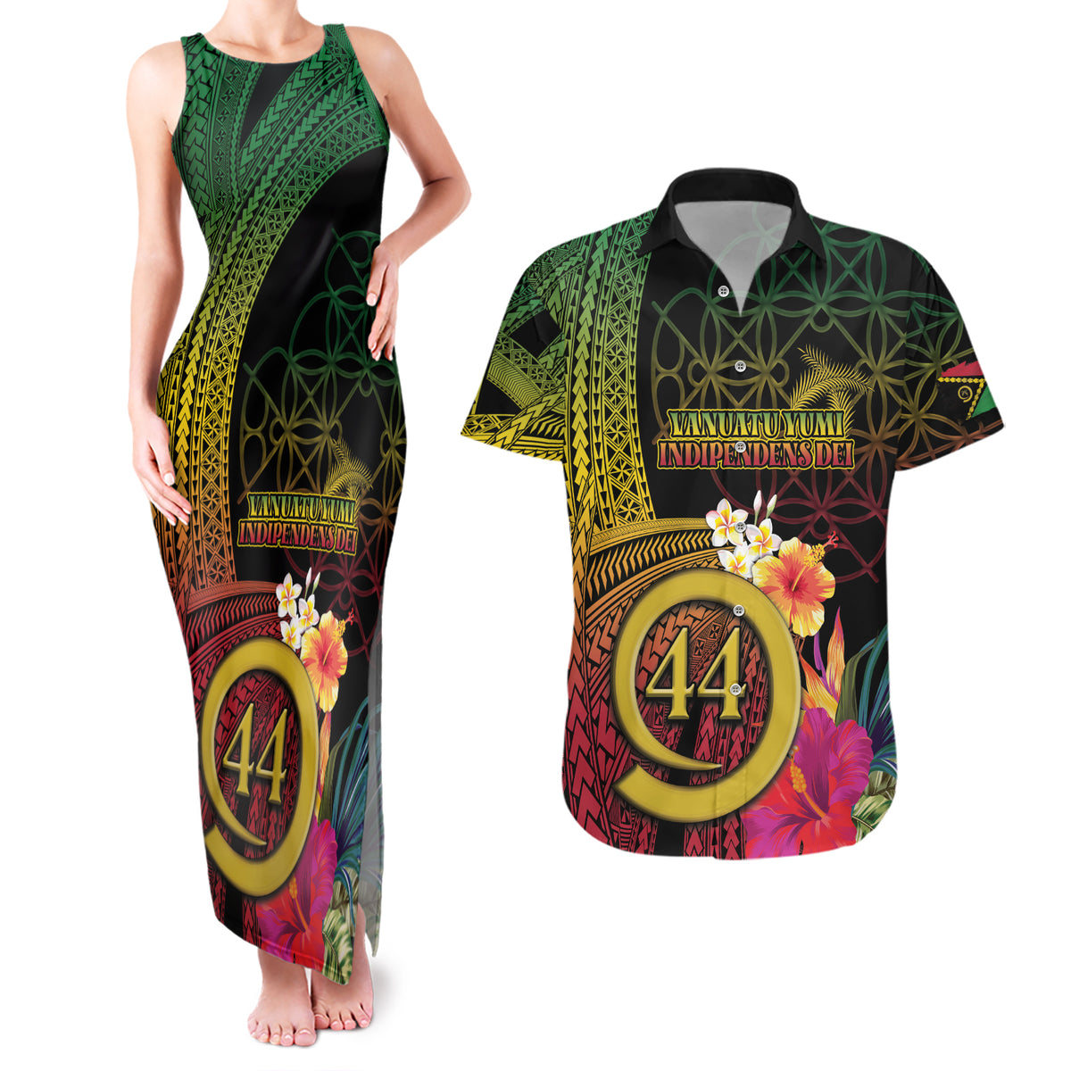 Vanuatu Selebretem 44th Indipendens Dei Couples Matching Tank Maxi Dress and Hawaiian Shirt Sand Drawing Melanesian Vibes