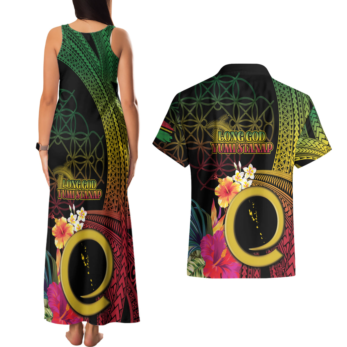 Vanuatu Selebretem 44th Indipendens Dei Couples Matching Tank Maxi Dress and Hawaiian Shirt Sand Drawing Melanesian Vibes