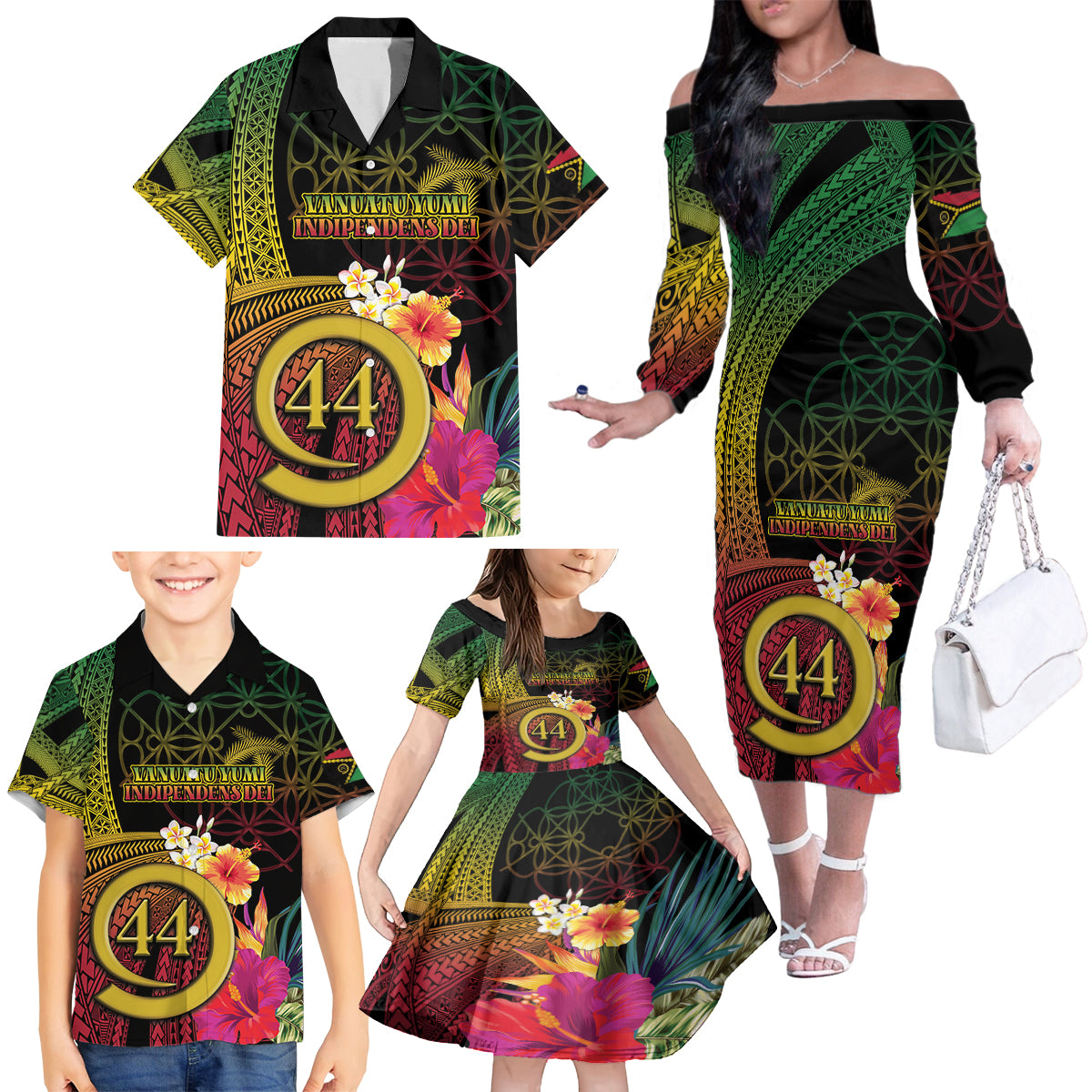 Vanuatu Selebretem 44th Indipendens Dei Family Matching Off The Shoulder Long Sleeve Dress and Hawaiian Shirt Sand Drawing Melanesian Vibes