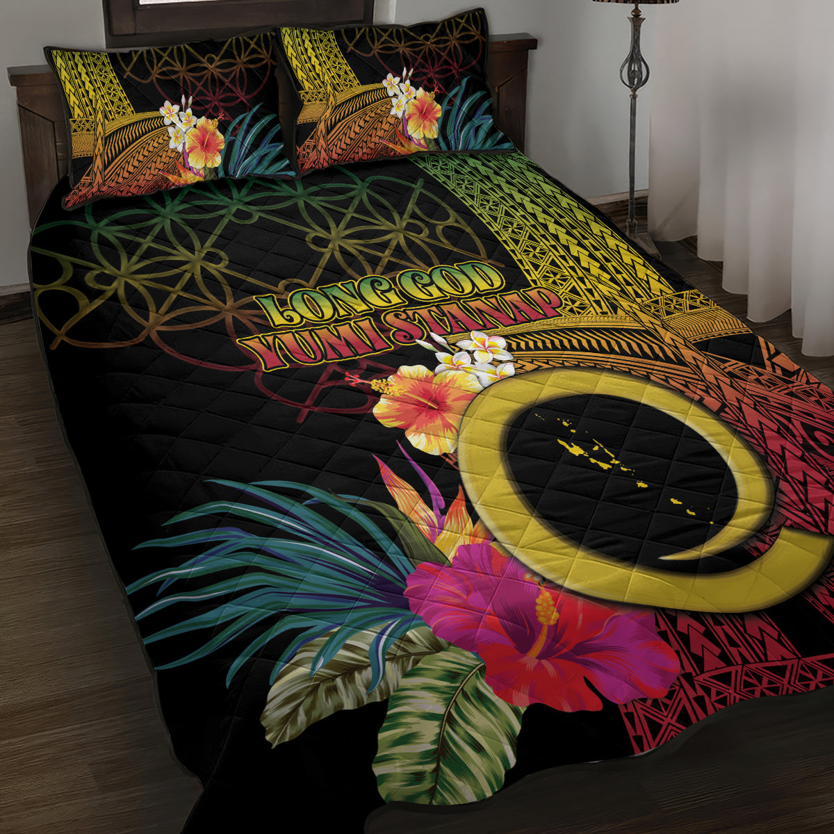 Vanuatu Selebretem 44th Indipendens Dei Quilt Bed Set Sand Drawing Melanesian Vibes