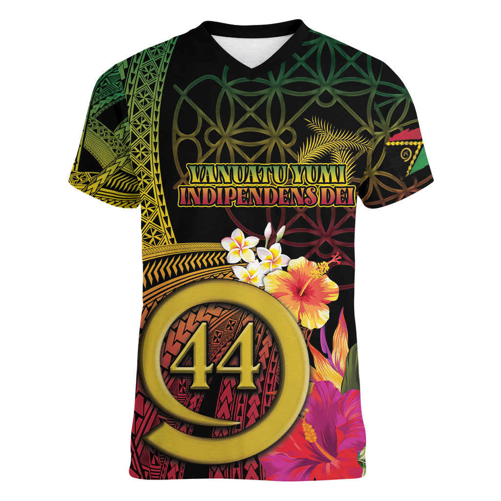 Vanuatu Selebretem 44th Indipendens Dei Women V-Neck T-Shirt Sand Drawing Melanesian Vibes