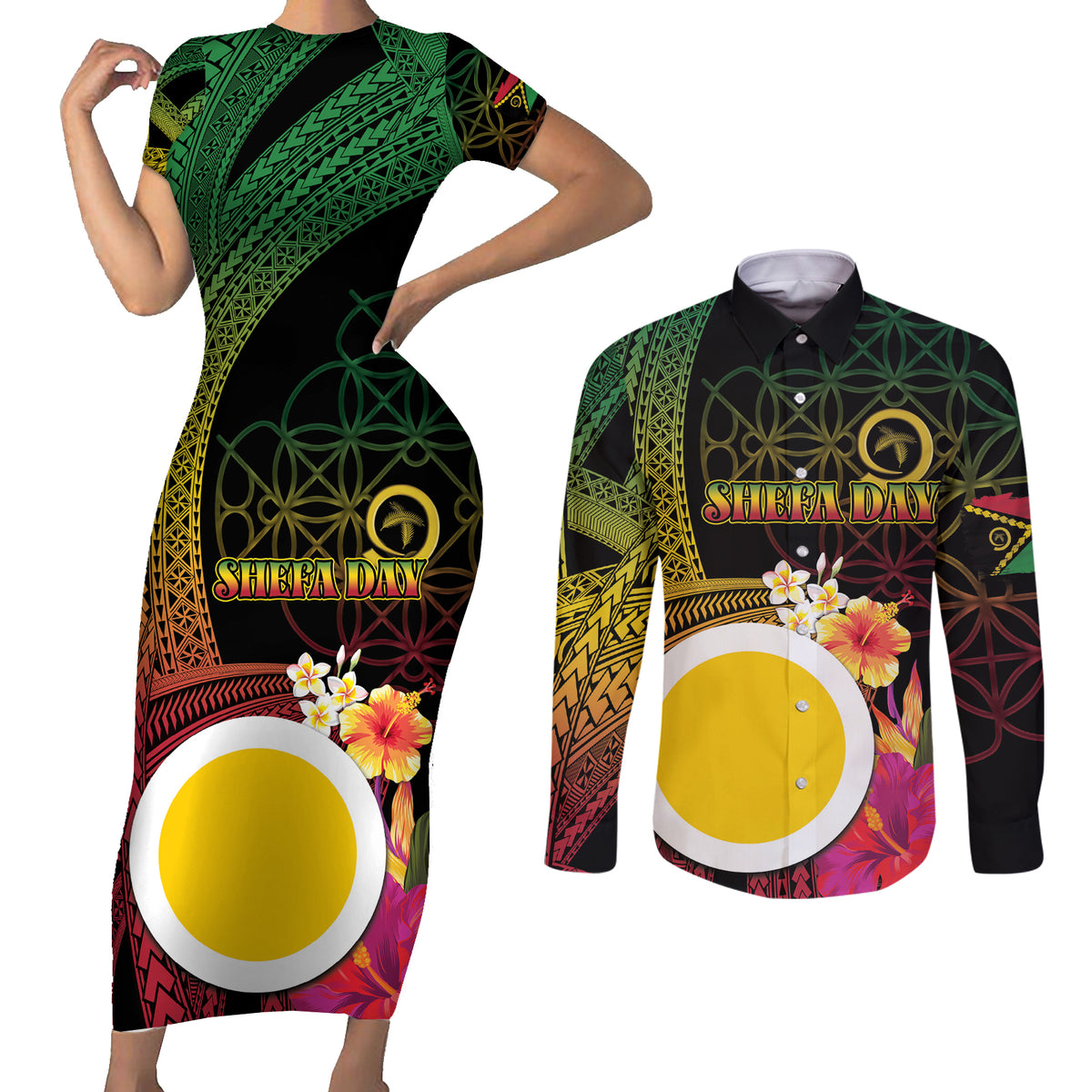 Vanuatu Shefa Day Couples Matching Short Sleeve Bodycon Dress and Long Sleeve Button Shirt Sand Drawing Melanesian LT03 Black - Polynesian Pride
