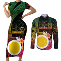 Vanuatu Shefa Day Couples Matching Short Sleeve Bodycon Dress and Long Sleeve Button Shirt Sand Drawing Melanesian LT03 Black - Polynesian Pride