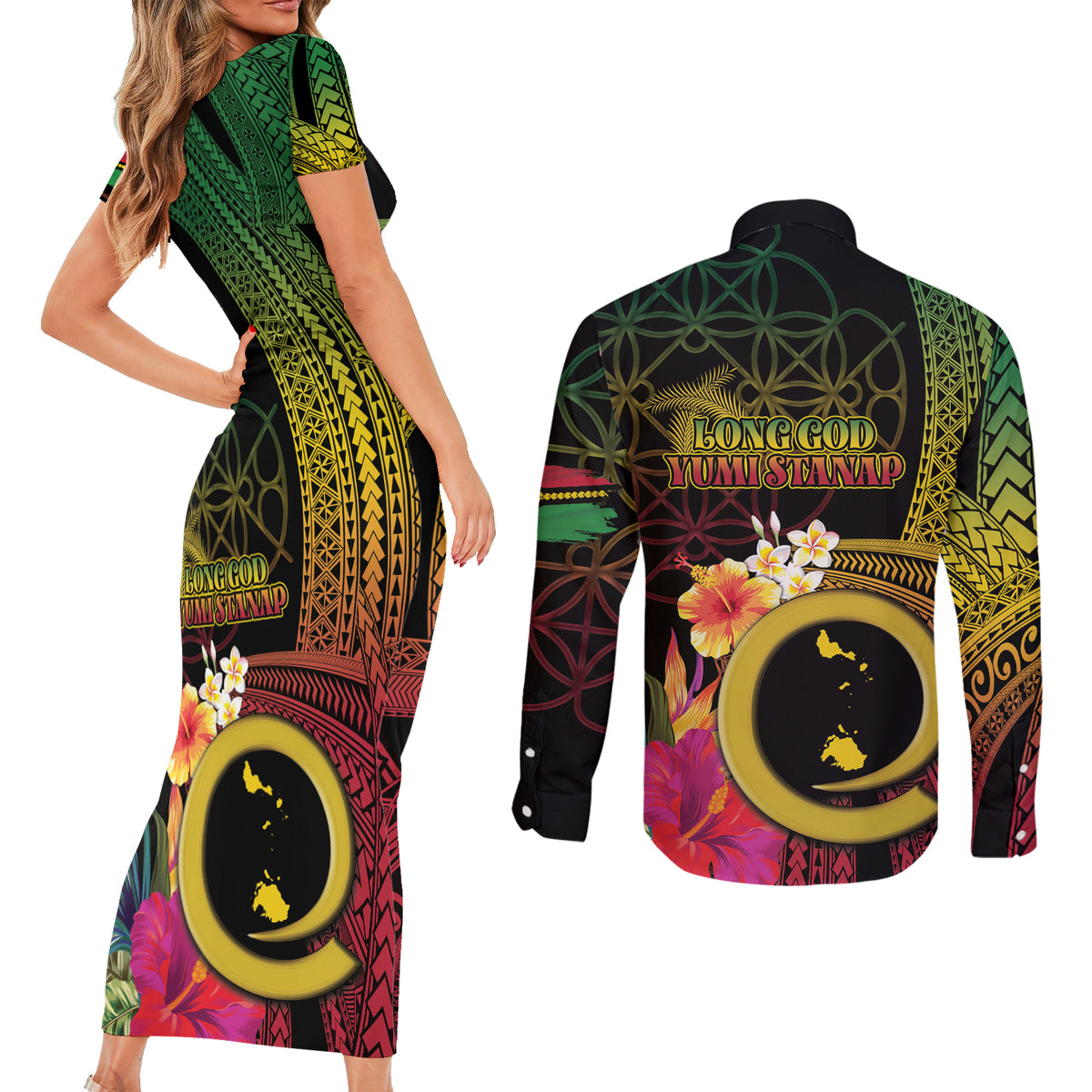 Vanuatu Shefa Day Couples Matching Short Sleeve Bodycon Dress and Long Sleeve Button Shirt Sand Drawing Melanesian LT03 - Polynesian Pride