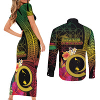 Vanuatu Shefa Day Couples Matching Short Sleeve Bodycon Dress and Long Sleeve Button Shirt Sand Drawing Melanesian LT03 - Polynesian Pride