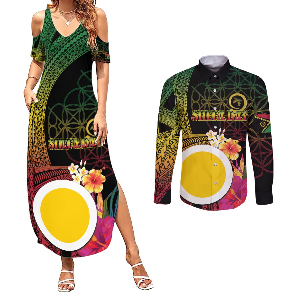 Vanuatu Shefa Day Couples Matching Summer Maxi Dress and Long Sleeve Button Shirt Sand Drawing Melanesian