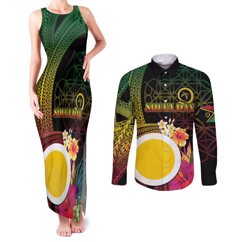 Vanuatu Shefa Day Couples Matching Tank Maxi Dress and Long Sleeve Button Shirt Sand Drawing Melanesian
