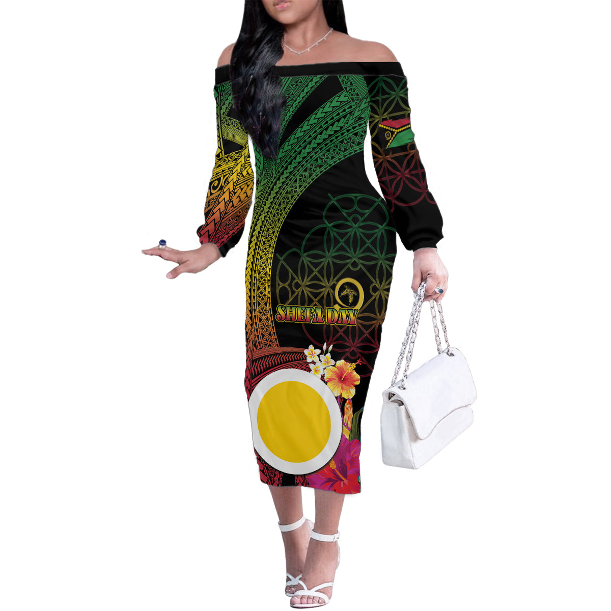 Vanuatu Shefa Day Family Matching Off The Shoulder Long Sleeve Dress and Hawaiian Shirt Sand Drawing Melanesian