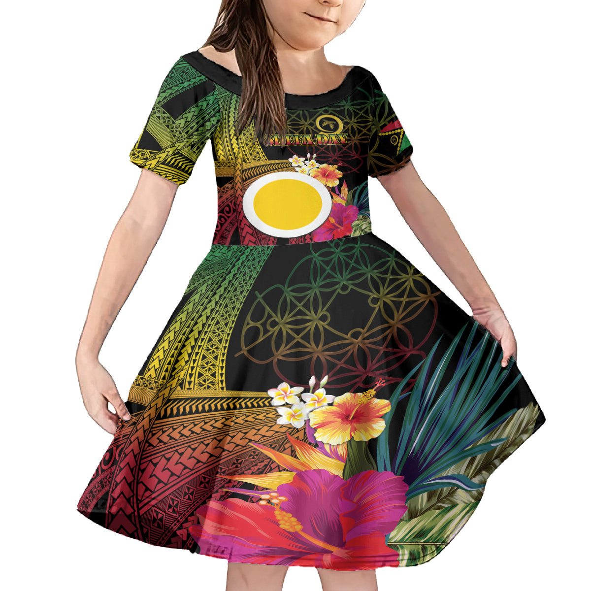 Vanuatu Shefa Day Kid Short Sleeve Dress Sand Drawing Melanesian