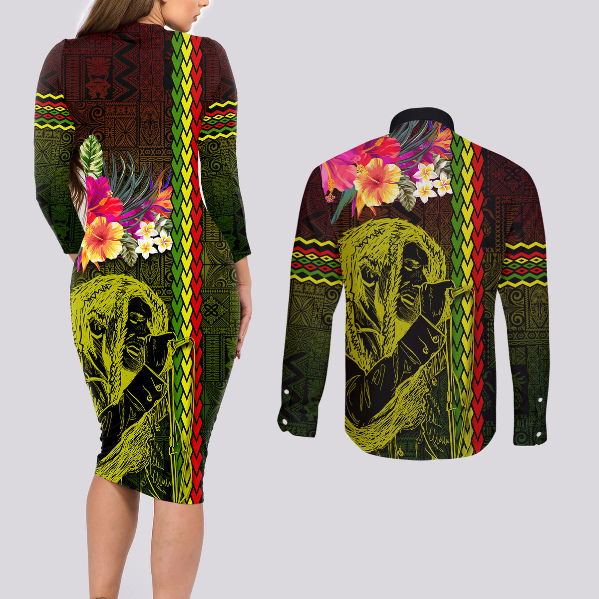 Hawaiian Reggae Music Couples Matching Long Sleeve Bodycon Dress and Long Sleeve Button Shirt Jamaica Singer Tribal Polynesian and Hibiscus