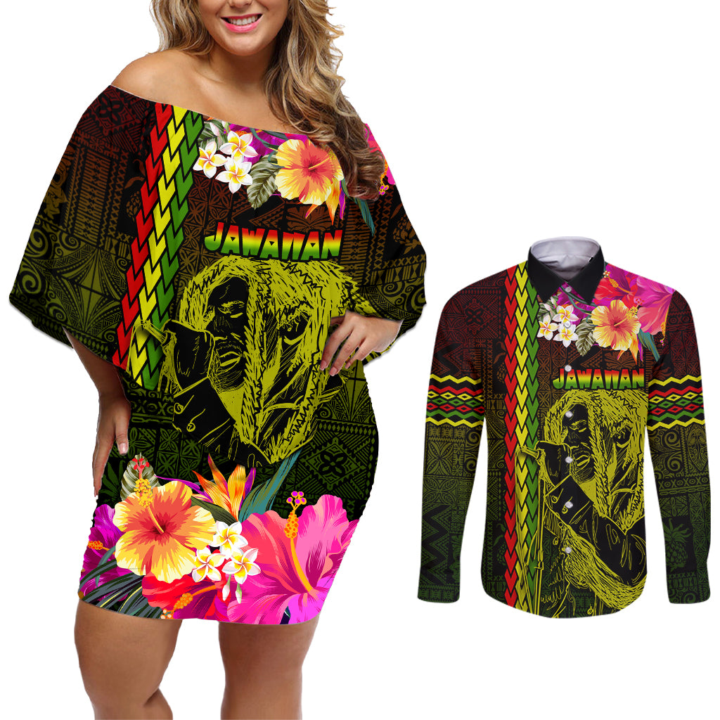 Hawaiian Reggae Music Couples Matching Off Shoulder Short Dress and Long Sleeve Button Shirt Jamaica Singer Tribal Polynesian and Hibiscus