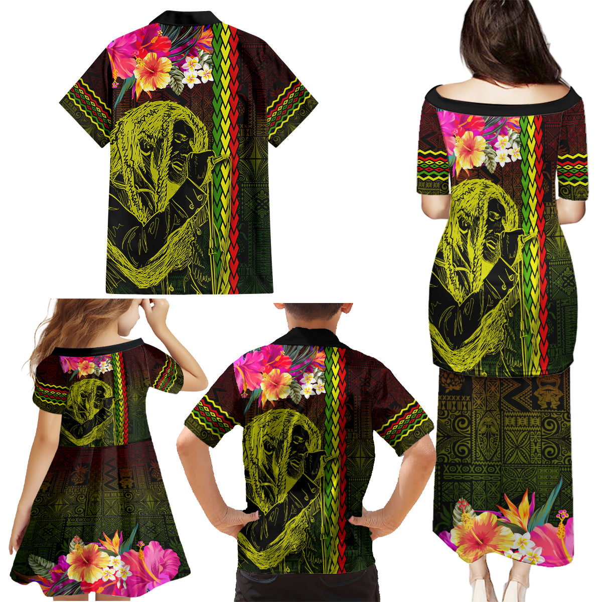 Hawaiian Reggae Music Family Matching Puletasi and Hawaiian Shirt Jamaica Singer Tribal Polynesian and Hibiscus