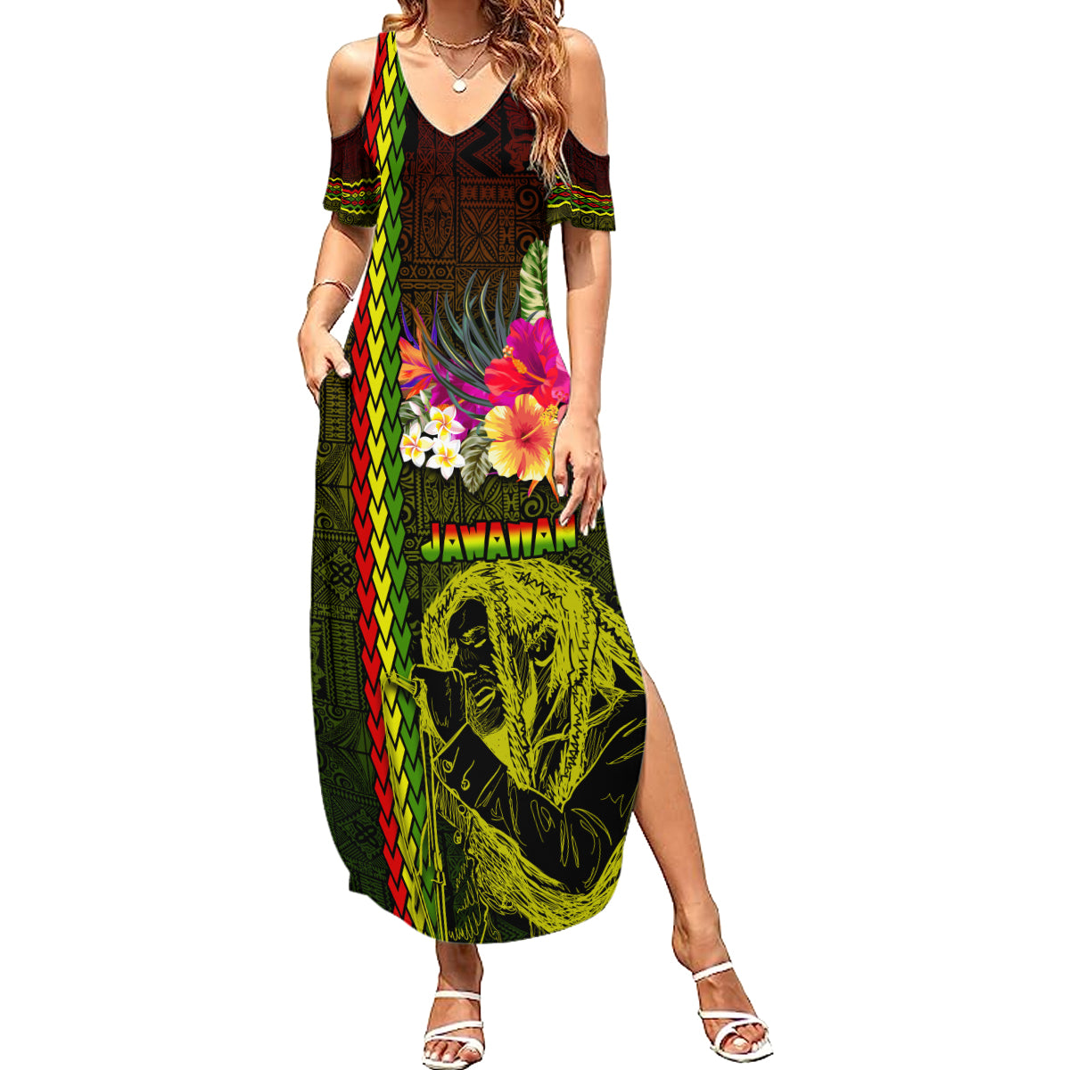 Hawaiian Reggae Music Family Matching Summer Maxi Dress and Hawaiian Shirt Jamaica Singer Tribal Polynesian and Hibiscus