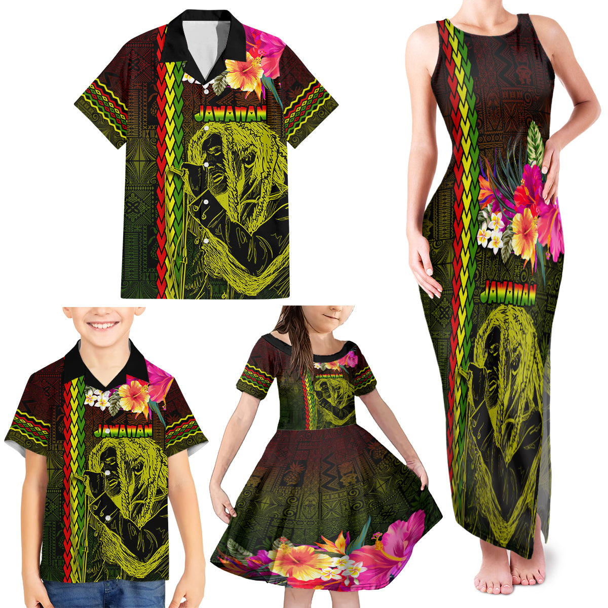 Hawaiian Reggae Music Family Matching Tank Maxi Dress and Hawaiian Shirt Jamaica Singer Tribal Polynesian and Hibiscus