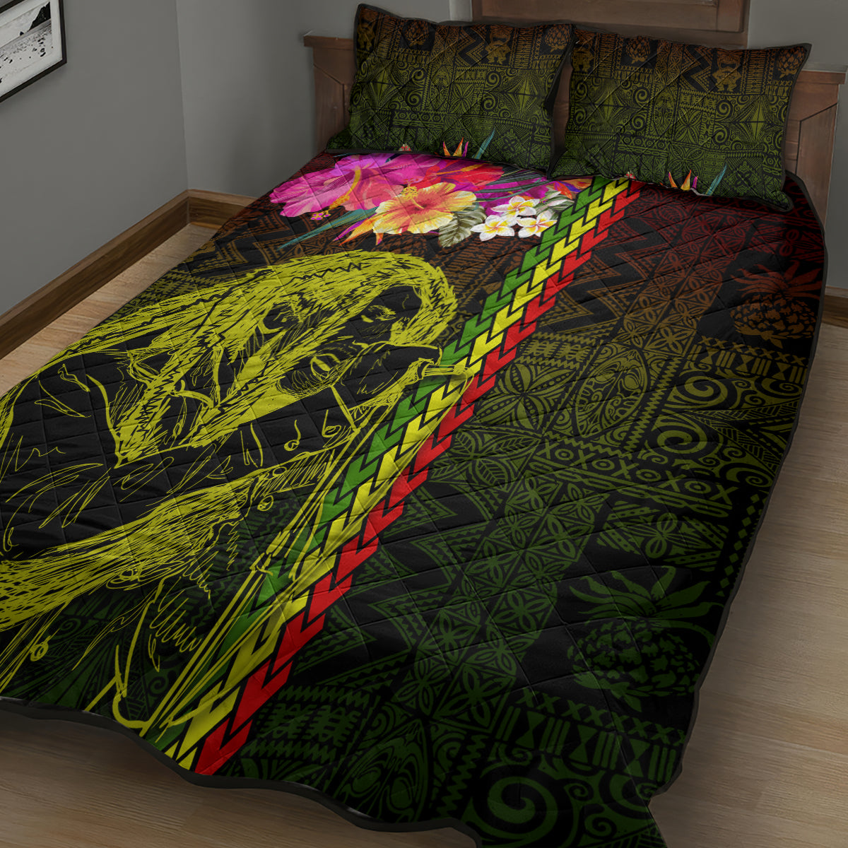Hawaiian Reggae Music Quilt Bed Set Jamaica Singer Tribal Polynesian and Hibiscus