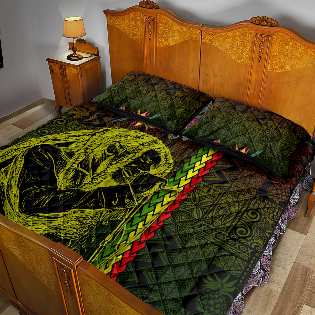 Hawaiian Reggae Music Quilt Bed Set Jamaica Singer Tribal Polynesian and Hibiscus