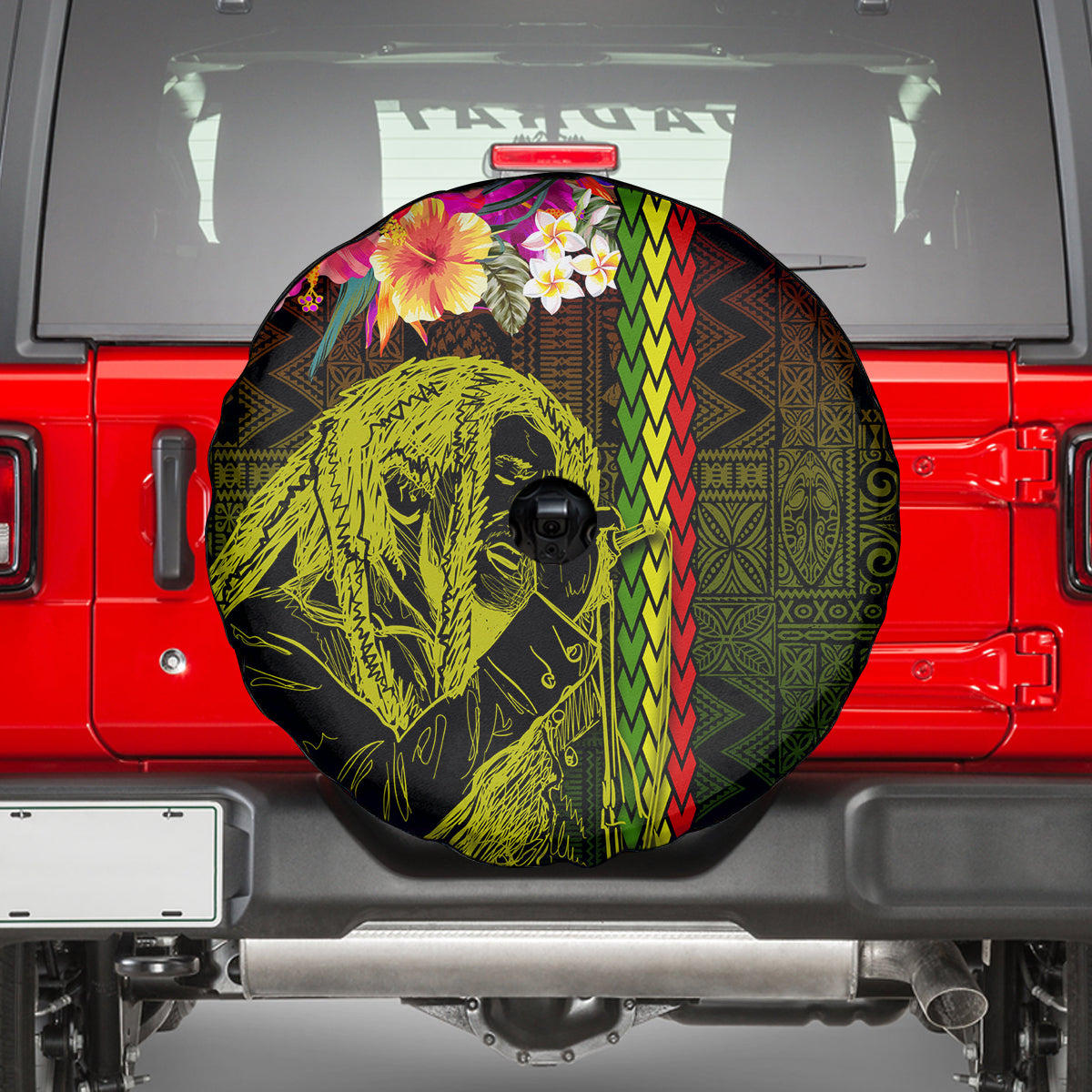 Hawaiian Reggae Music Spare Tire Cover Jamaica Singer Tribal Polynesian and Hibiscus