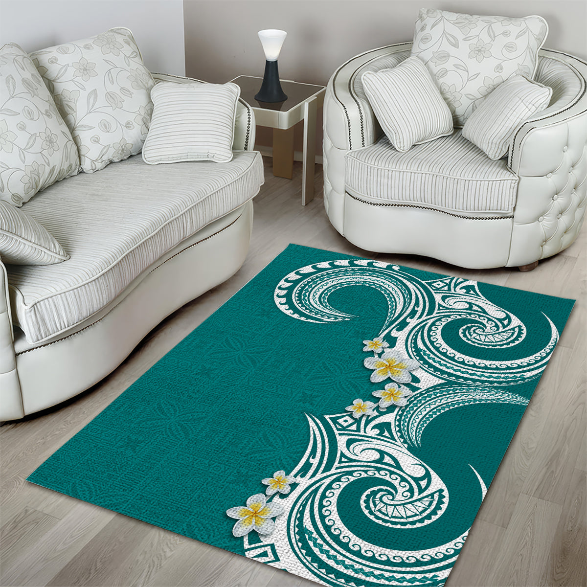 Aloha Polynesian Plumeria Flower Area Rug Teal Color