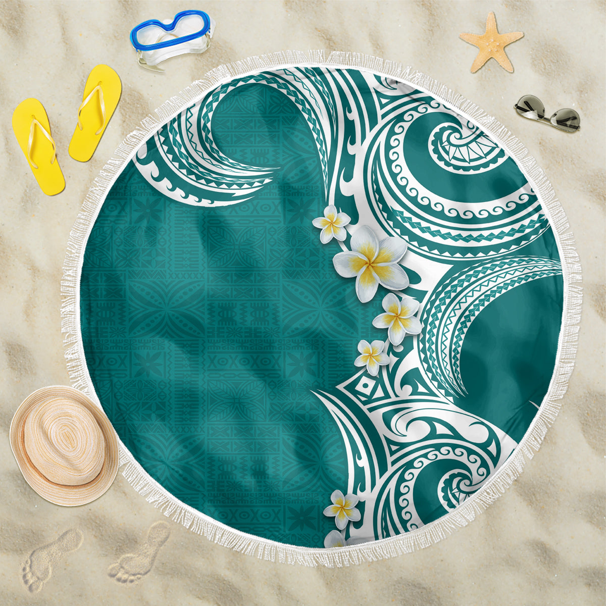Aloha Polynesian Plumeria Flower Beach Blanket Teal Color