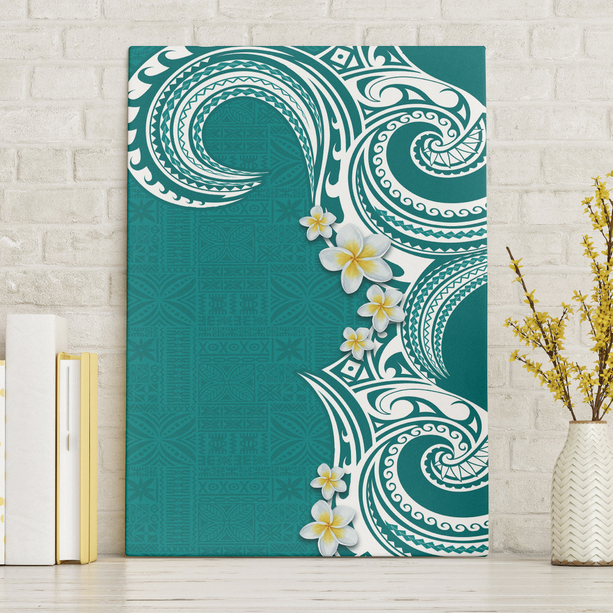 Aloha Polynesian Plumeria Flower Canvas Wall Art Teal Color