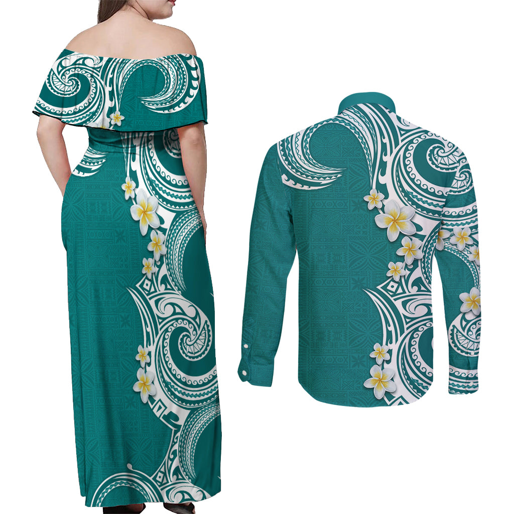 Aloha Polynesian Plumeria Flower Couples Matching Off Shoulder Maxi Dress and Long Sleeve Button Shirt Teal Color