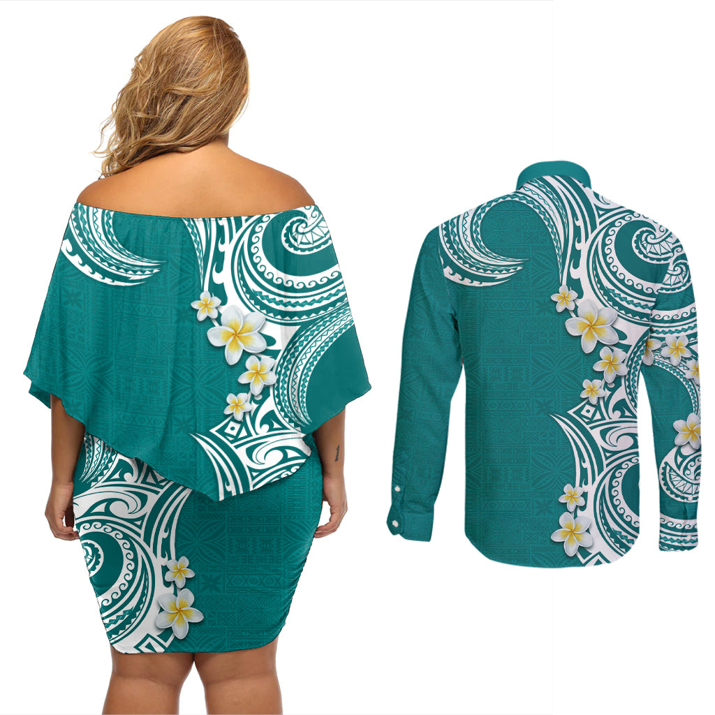 Aloha Polynesian Plumeria Flower Couples Matching Off Shoulder Short Dress and Long Sleeve Button Shirt Teal Color