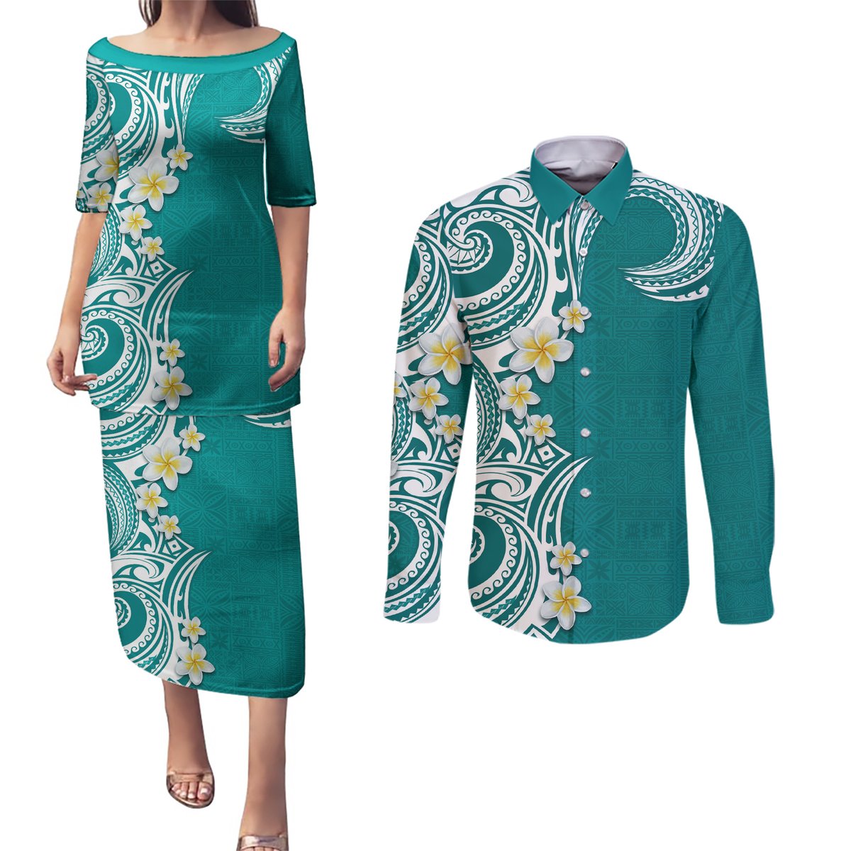 Aloha Polynesian Plumeria Flower Couples Matching Puletasi and Long Sleeve Button Shirt Teal Color