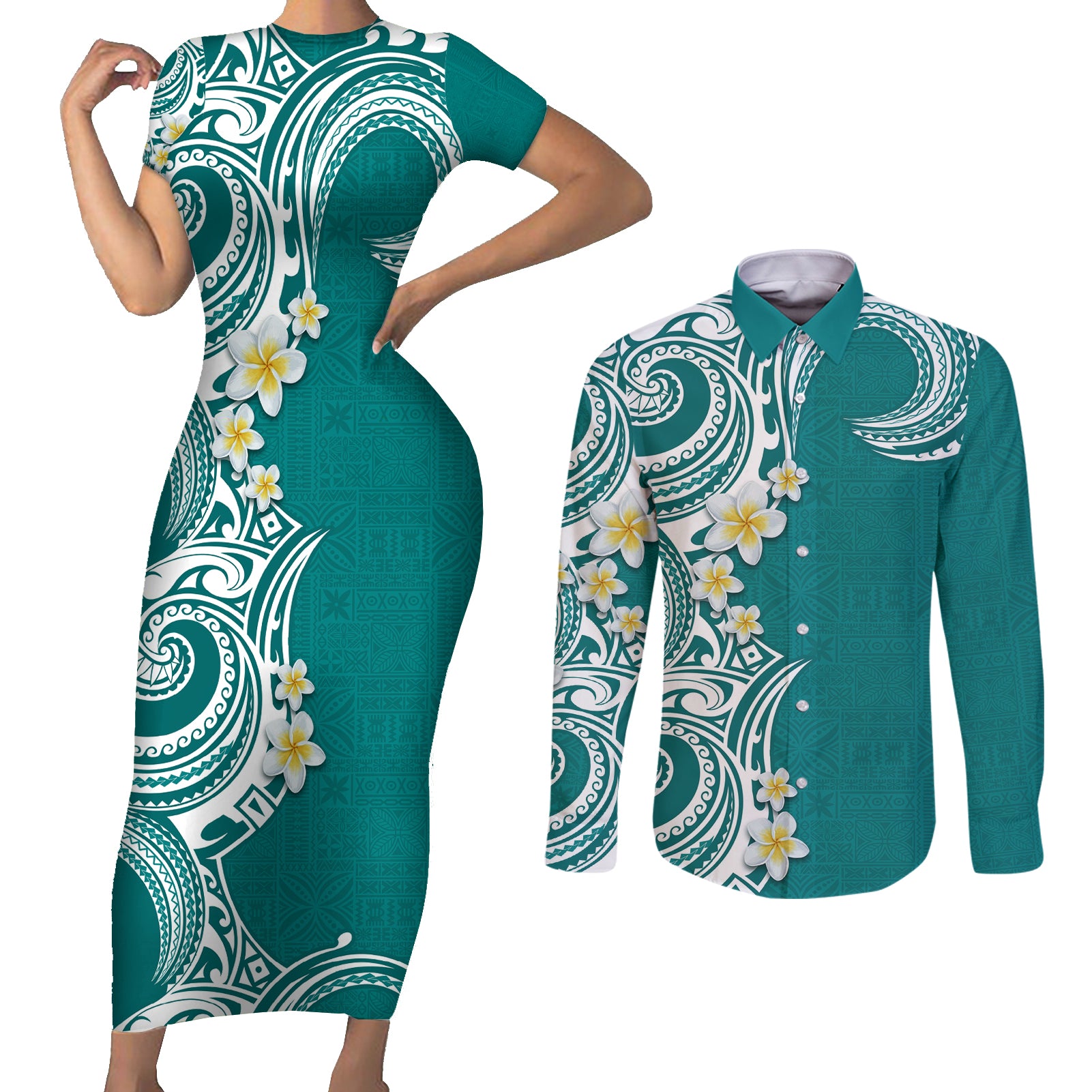 Aloha Polynesian Plumeria Flower Couples Matching Short Sleeve Bodycon Dress and Long Sleeve Button Shirt Teal Color