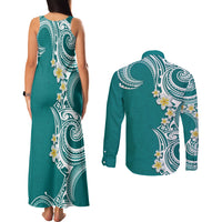 Aloha Polynesian Plumeria Flower Couples Matching Tank Maxi Dress and Long Sleeve Button Shirt Teal Color