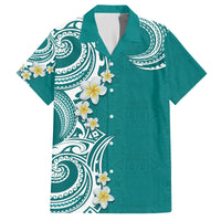 Aloha Polynesian Plumeria Flower Family Matching Long Sleeve Bodycon Dress and Hawaiian Shirt Teal Color